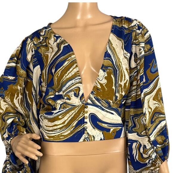 Love X Design Deep V-Neck Crop Top Balloon Sleeves Abstract Watercolor Size XL - Picture 1 of 9